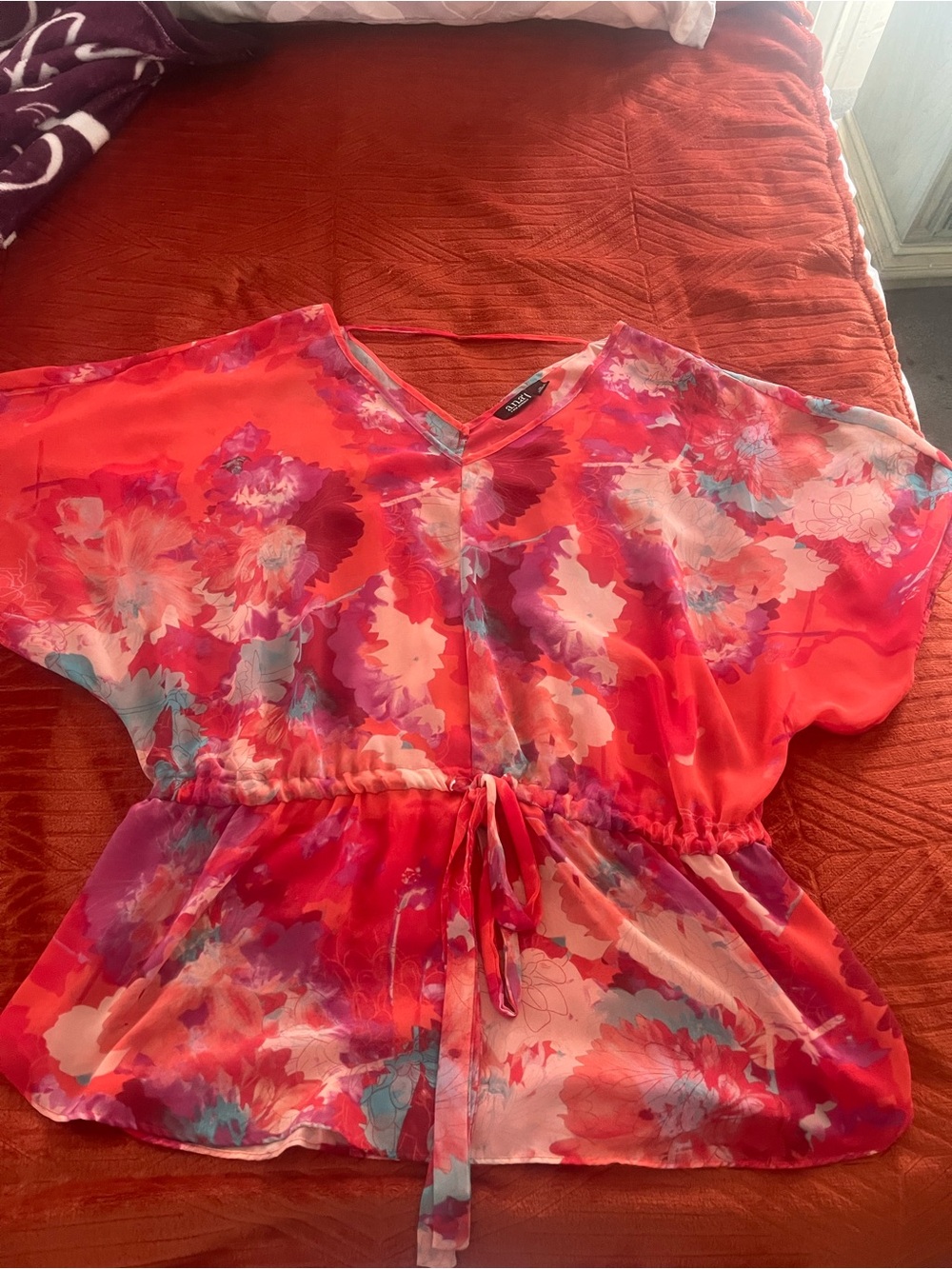 a.n.a Bright Coral Pink Floral Sheer Blouse